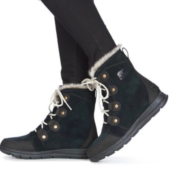 Sorel Shoes Sorel Womens Explorer Joan Black Faux Fur Lace Up Snow